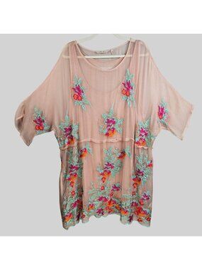 Soft Surroundings 100% Silk Tunic Top Sz 2X Pink Floral Artsy Boho Flowy Blouse